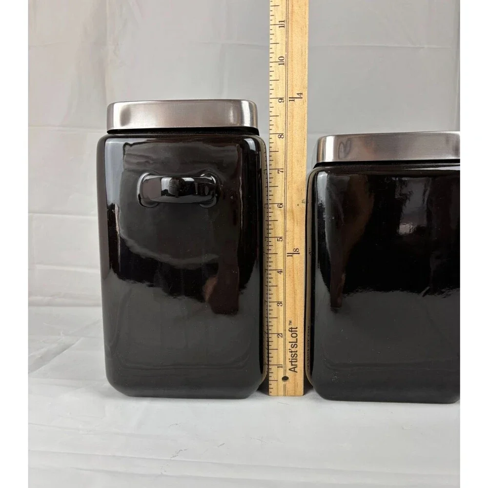 Oggi 4 pc Black Square Ceramic Canister Set w/ Stainless Steel Lids